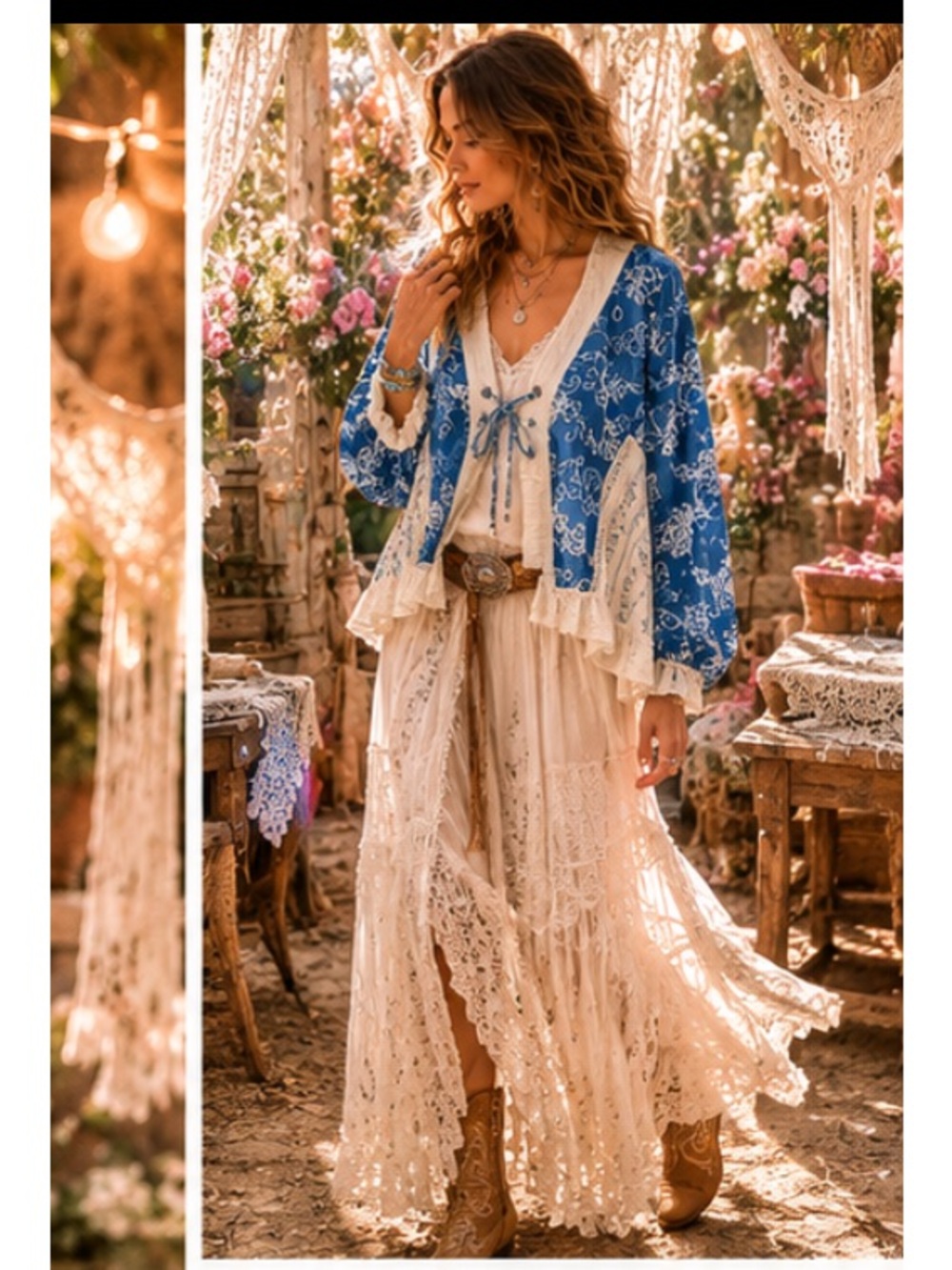 🆕 POL POL Denim Blue Floral Print Lace up Balloon Sleeve Blouse NWOT